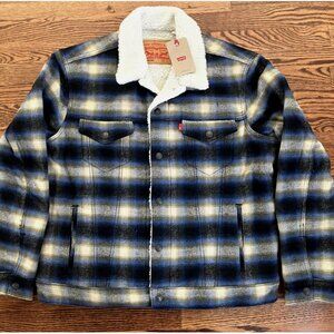 Levi's Mens Size Large Standard Twill Sherpa Trucker Jacket Blue Plaid Wool/Poly